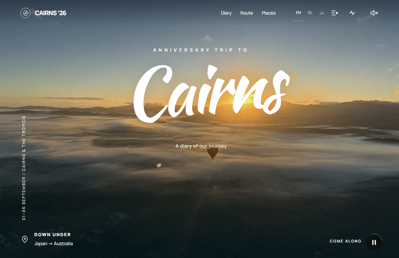 Screenshot of the Cairns travel journal opening screen with its title over a sunrise